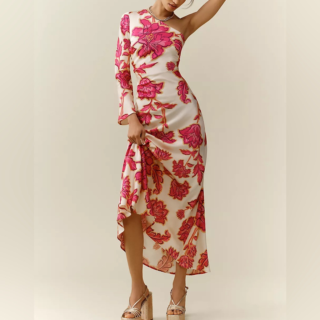 Kivari Rhia One Sleeve Maxi Dress Rowen Floral Pink Ivory Size Us 2